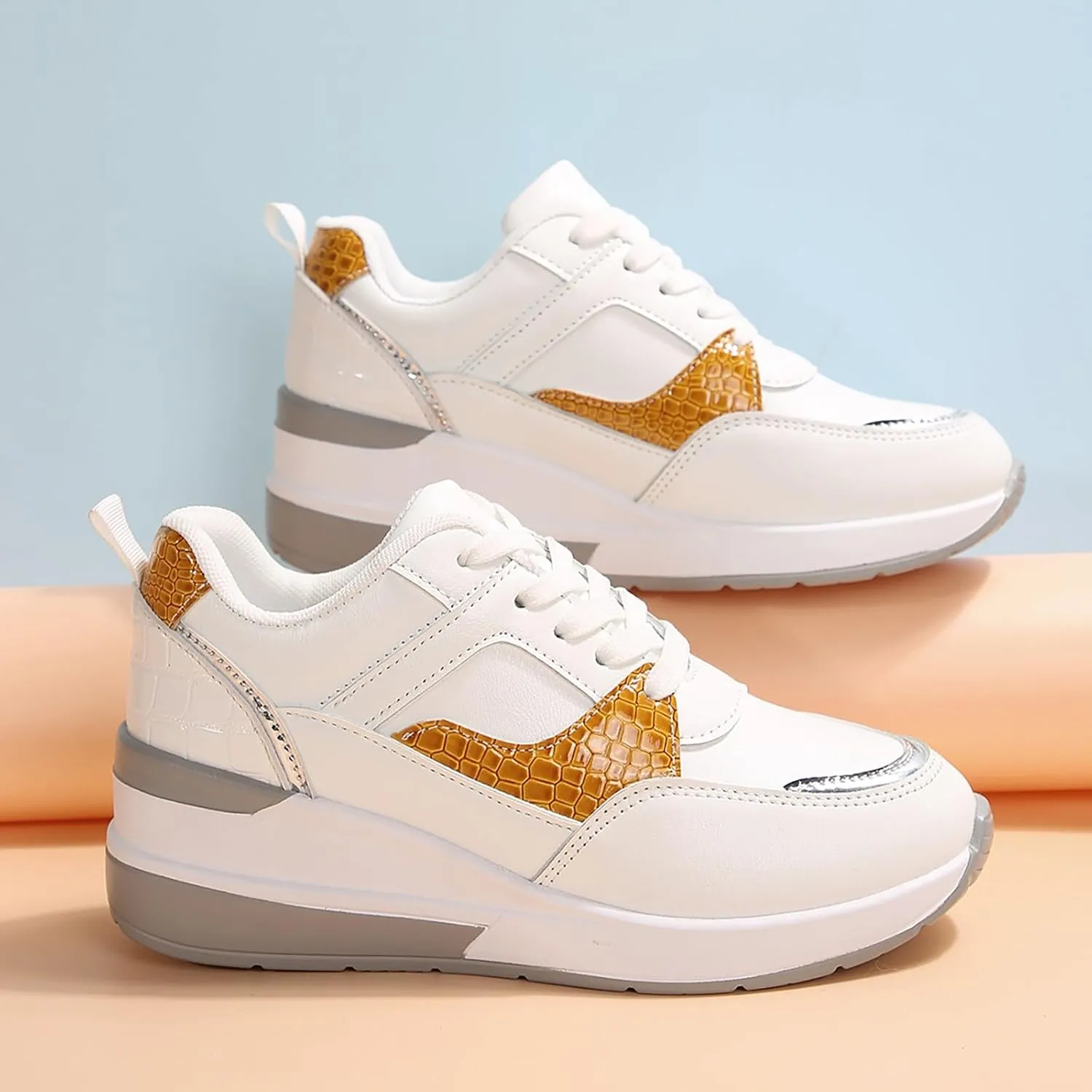 Womens Workout Shoes Fashion Wedge Platform Thick Sole Lace Up Sneakers Casual Comfortable Waterproof Walking Shoes