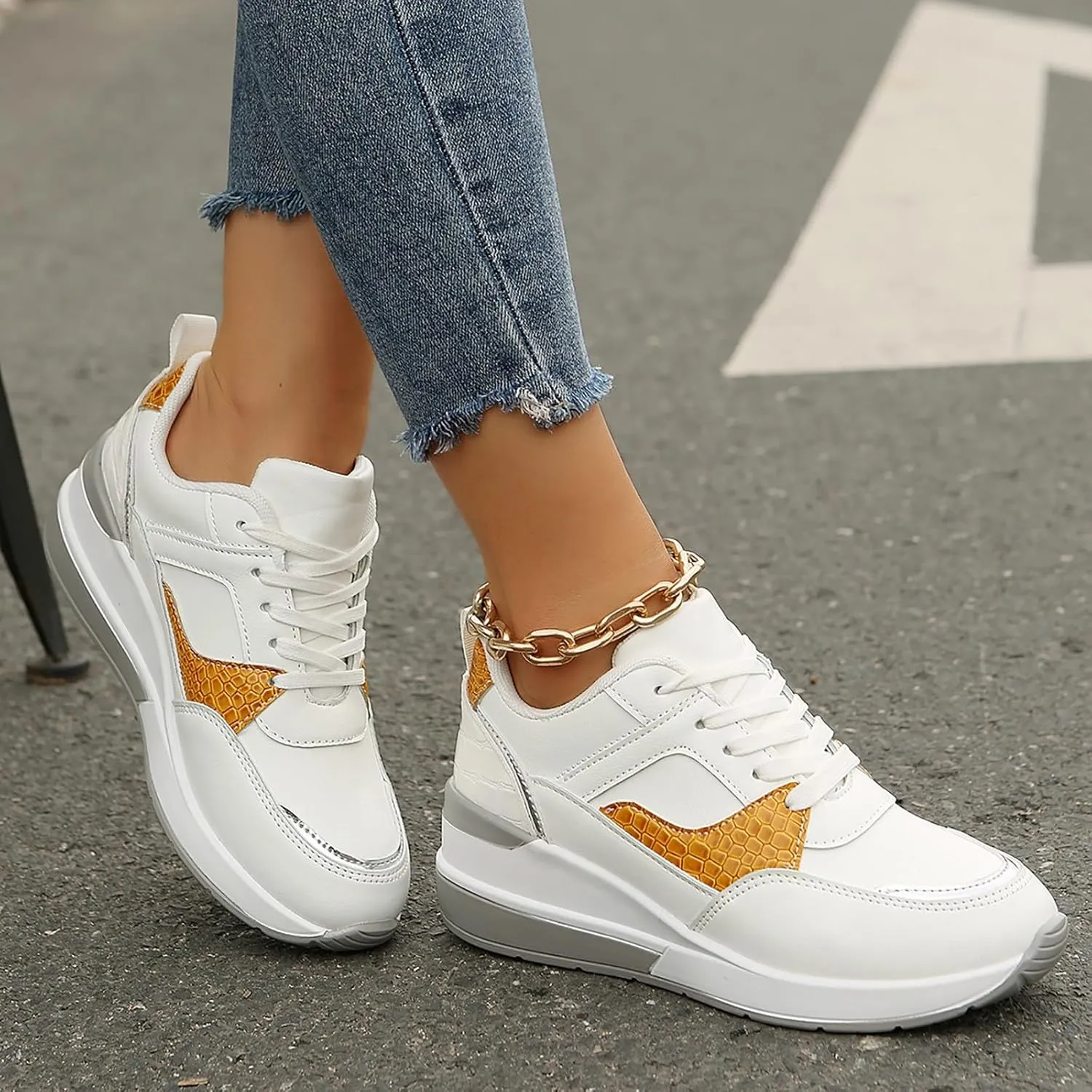 Womens Workout Shoes Fashion Wedge Platform Thick Sole Lace Up Sneakers Casual Comfortable Waterproof Walking Shoes