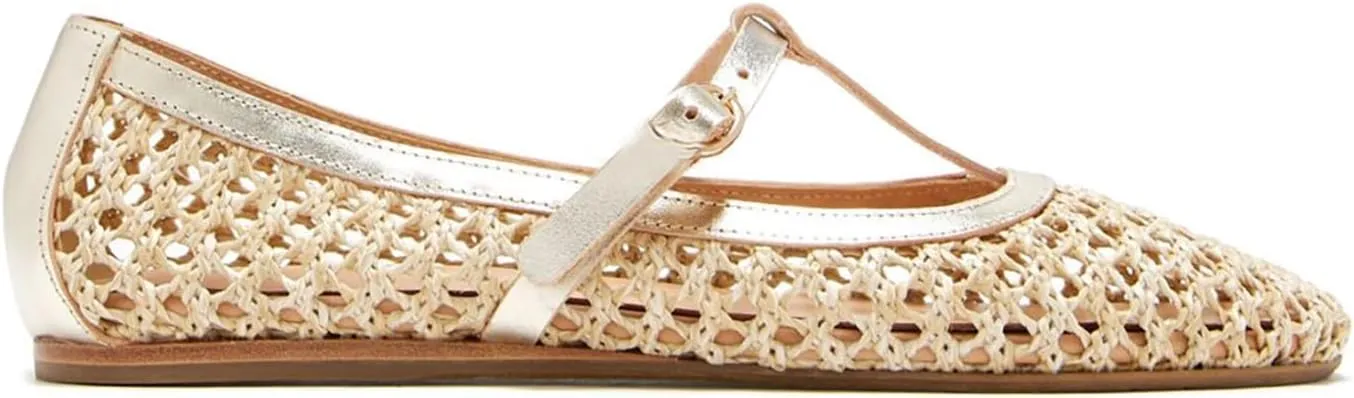 Women's Woven Mesh Ballet Flats Closed Round Toe Mary Jane Shoes with Adjustable Strap Buckle Comfortable Raffie Ballerinas Shoes