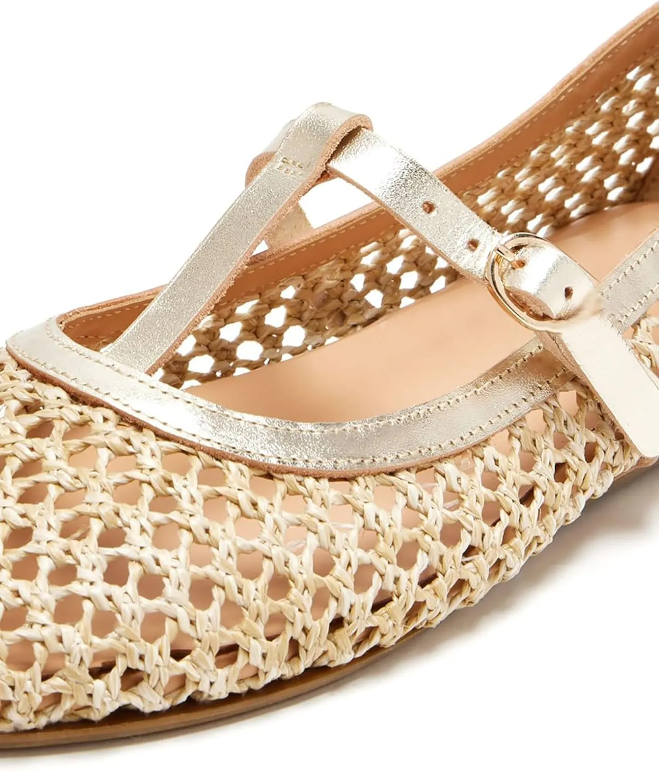 Women's Woven Mesh Ballet Flats Closed Round Toe Mary Jane Shoes with Adjustable Strap Buckle Comfortable Raffie Ballerinas Shoes