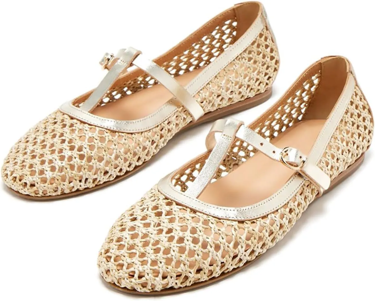 Women's Woven Mesh Ballet Flats Closed Round Toe Mary Jane Shoes with Adjustable Strap Buckle Comfortable Raffie Ballerinas Shoes