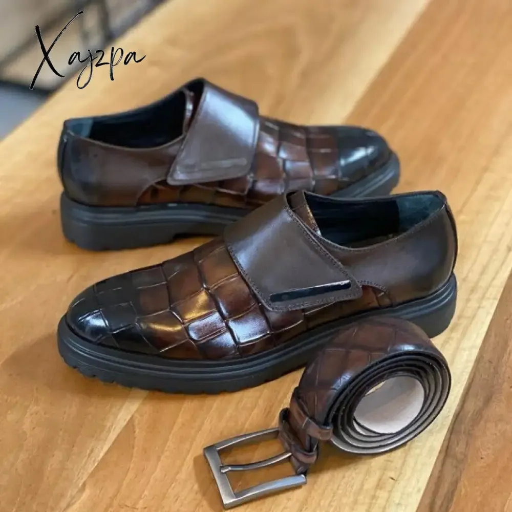 Xajzpa - New Brown Loafers Buckle Strap Round Toe Shoes for Men Wedding Black Pu Men Dress Shoes Free Shipping Size 38-46