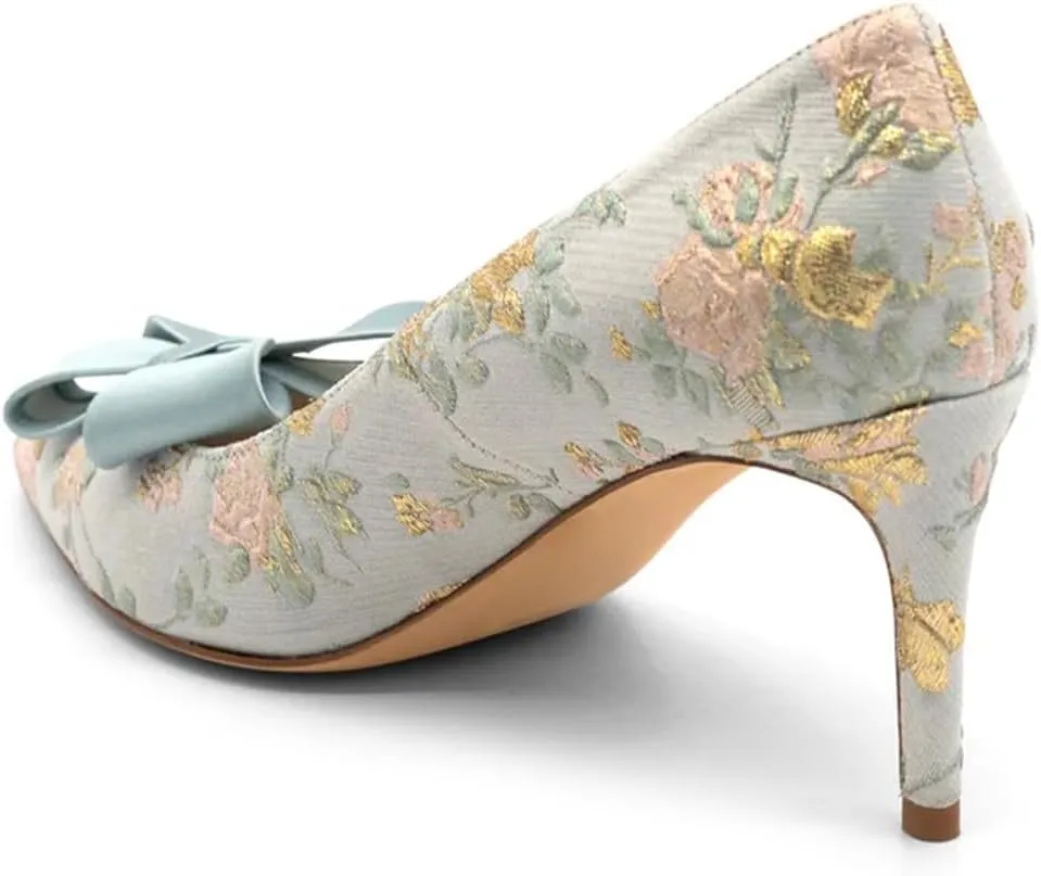 XYD Women Mid Heels Bridal Bowknot Pumps Elegant Pointed Closed Toe Slip-ons Wedding Prom Shoes